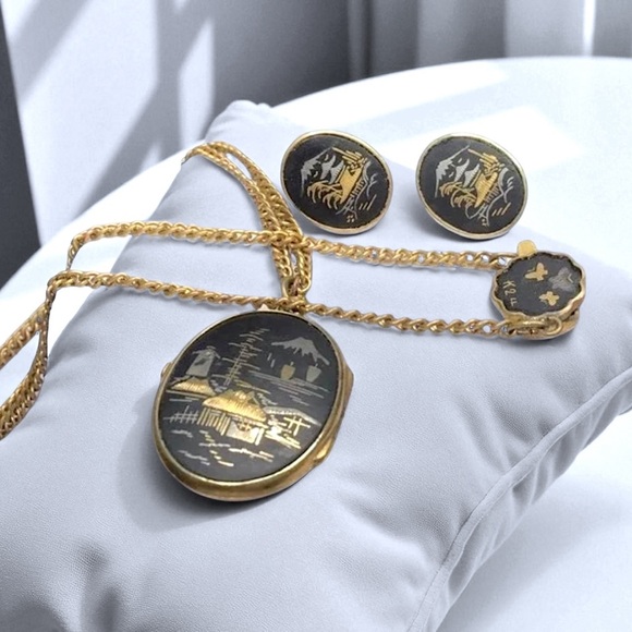 🌺Vintage 1940’s 24K Damascene Necklace & Earrings - Picture 1 of 15